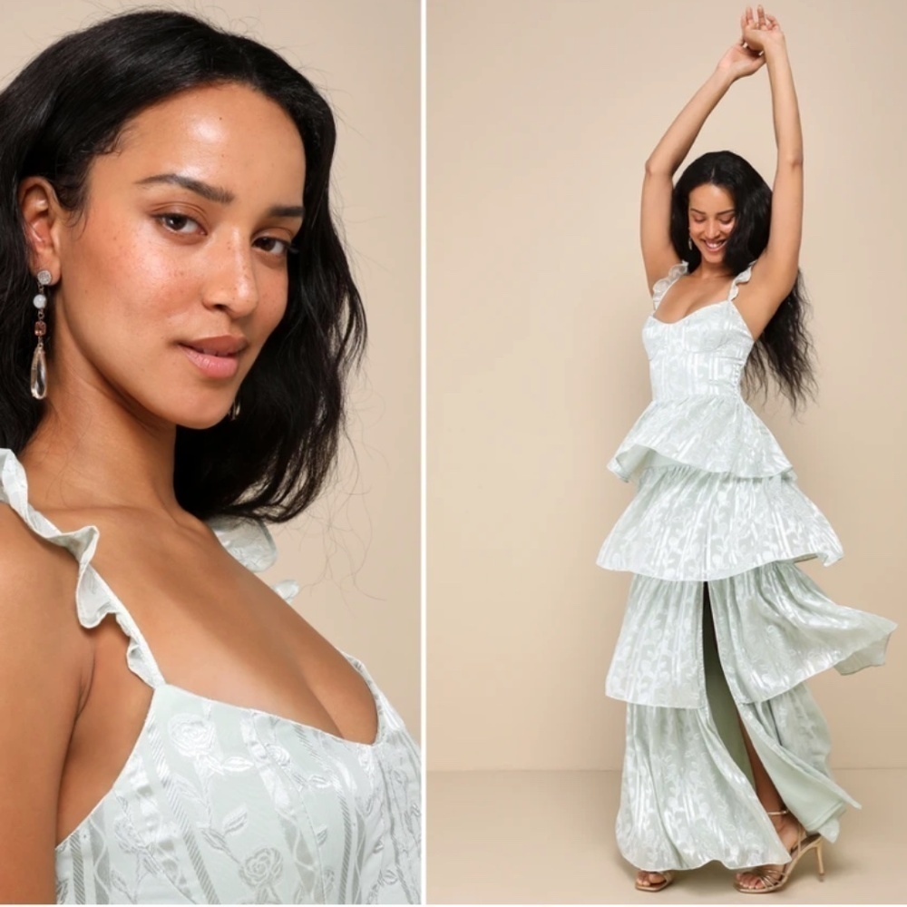 LULU's Flirty Floral Roses Prom Wedding Formal Event Sexy Tiered Ruffles Maxi